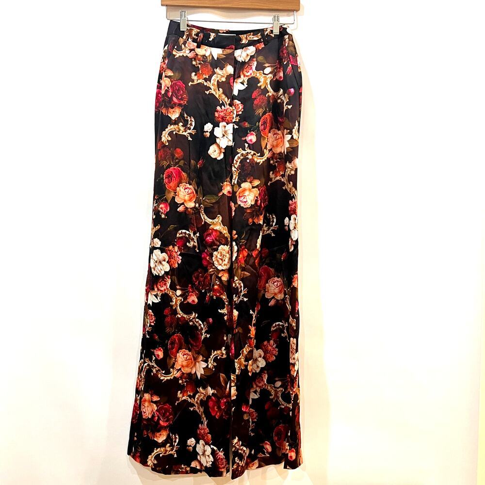 L'Agence  Pilar Wide Leg Pants 19MM Charmeuse Deep Burgundy Multi Rococo 2 NWT